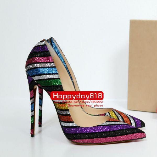 

fashion women pumps casual designer rainbow glitter crystal point toe high heels shoes 10cm brand new bride wedding shoes, Black
