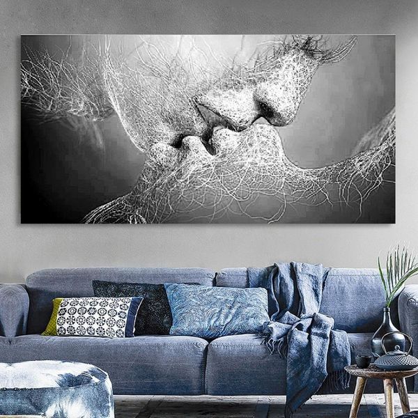 

black and white love kiss canvas oil painting abstract print poster home bedroom living room decoration modern wall art pictures