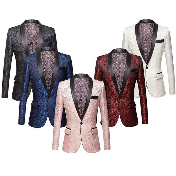 

2020 men pink royal blue burgundy floral jacquard suit jacket wedding groom prom slim fit tuxedo party dinner singers blazers, White;black