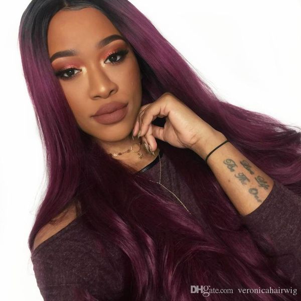 Fashion Synthetic Lace Front Wig Long Natural Straight Hair Black Roots Ombre Dark Burgundy Color Daily Makeup Wedding Party Cheap Lace Wigs Wigs And