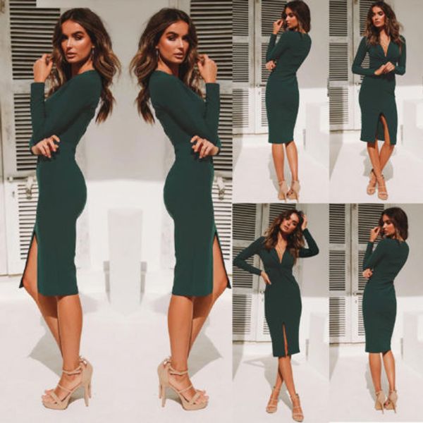 

new fashion green bodycon dress women long sleeve v neck dress bodycon casual party evening noble slim long maxi, Black;gray