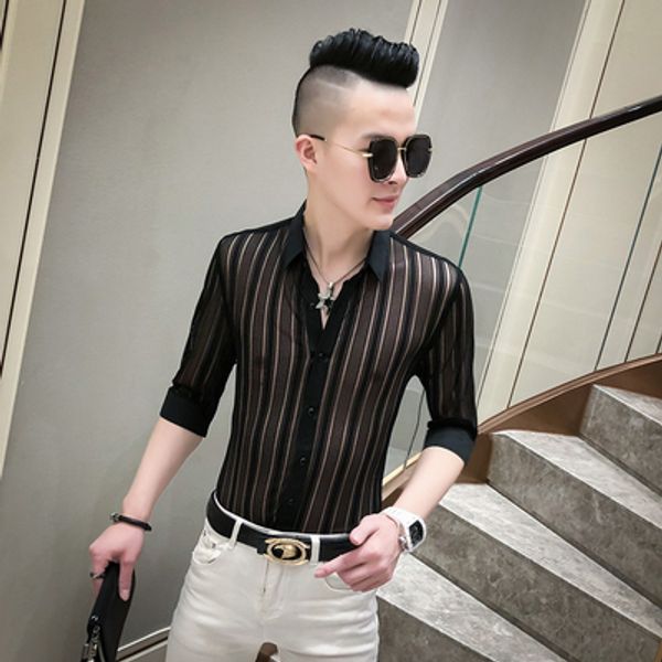 

nightclub lace hollow shirt male five-point sleeve korean trend short-sleeved shirt transparent sultry top, White;black