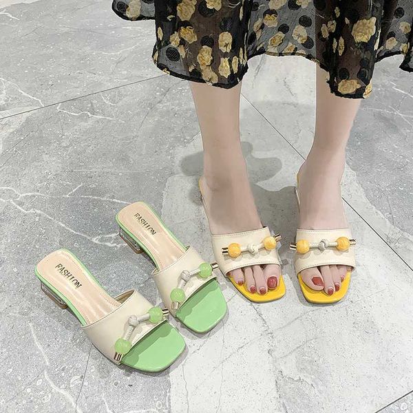

slippers casual shoes med string bead square heel slipers women slides luxury block 2020 pu hoof heels rome rubber shoes, Black