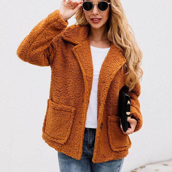 

streetwear brown vintage women coat autumn winter double pocket design outwear coats 2019 turn-down collar women jackets, Black;brown