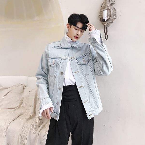 

light blue jacket men's autumn chic simple little jacket origional neckline trend non-mainstream men's coat, Black;brown