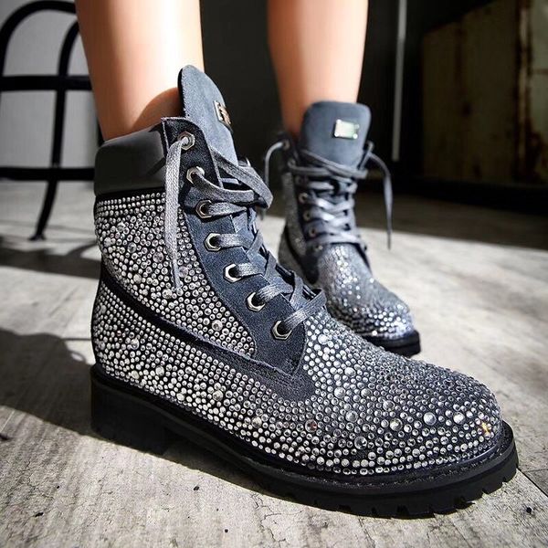 

fashion design wild short boots women's new martin boots leather crystal rhinestone boots casual british style women's size 35-40, Black