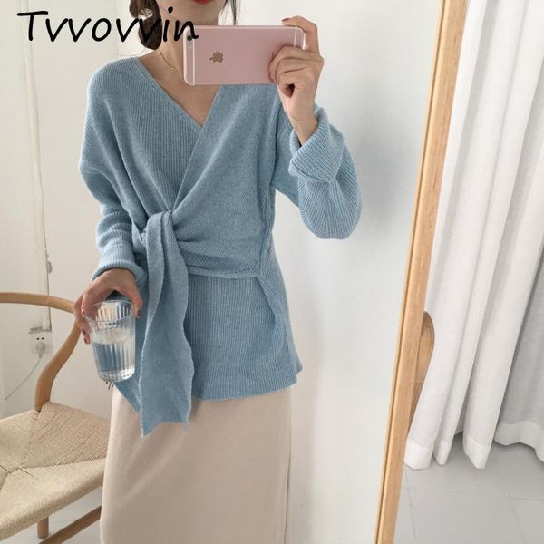

tvvovvin 2019 chic chalaza fashion knitting woman v lead pullover long sleeve waist bandage korean knitted woman coat c180, Black;brown