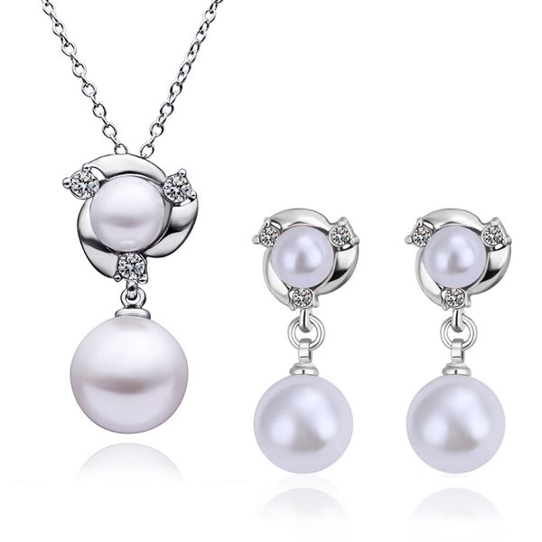 

18k rose gold/platinum plated fashion austrian crystal pendant necklaces stud earrings women pearl jewelry sets for women, Silver