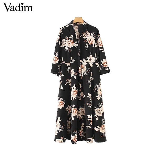 

vadim women vintage floral print midi dress three quarter sleeve female casual straight dresses retro mid calf vestidos qc892, Black;gray