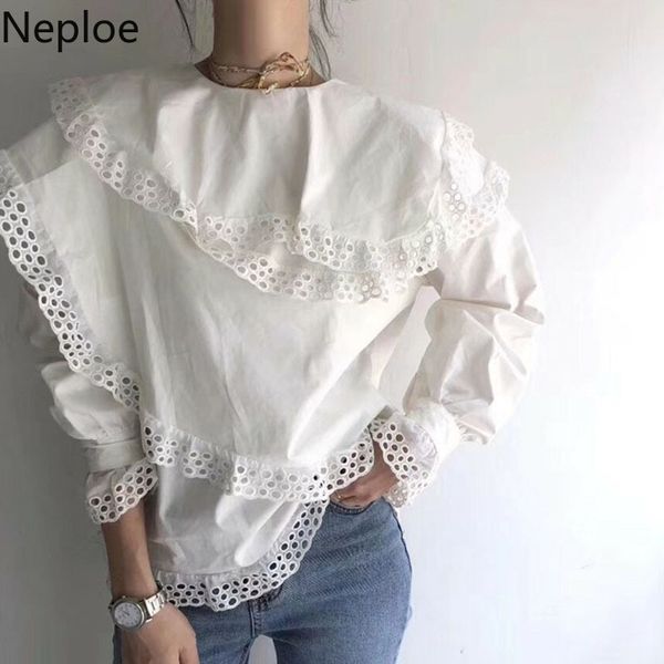 

neploe elegant ruffles long sleeve blouse o neck patchwork white blusas autumn spring 2020 new hollow out design shirt