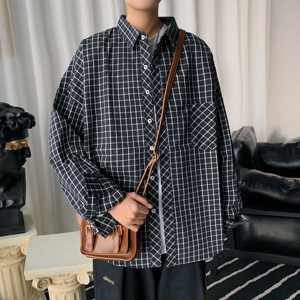 

autumn plaid shirt men fashion retro cotton casual shirt man streetwear wild loose long sleeve male dress -2xl, White;black