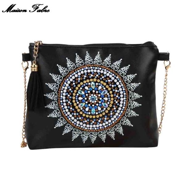 

maison fabre women fashion diy diamond embroidery leather crossbody bags chain shoulder bag leather handbags clutch bag, Red;black