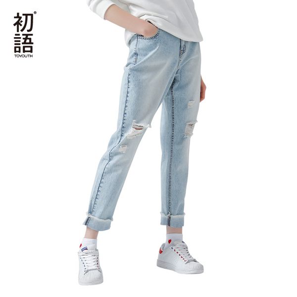 

toyouth streetwear hole jeans for women solid burr mid waist denim pants all-match light blue ripped jean trousers
