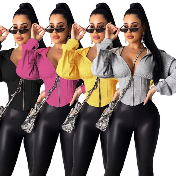 

women's polos winter women fashion hooded v-neck long sleeve zipper casual sweatshirt, White