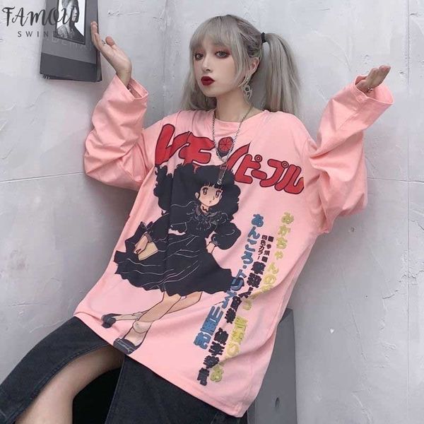 

harajuku tshirt streetwear anime t shirt females cool cartoon print hip hop streetwear funny print casual pink oversized, White
