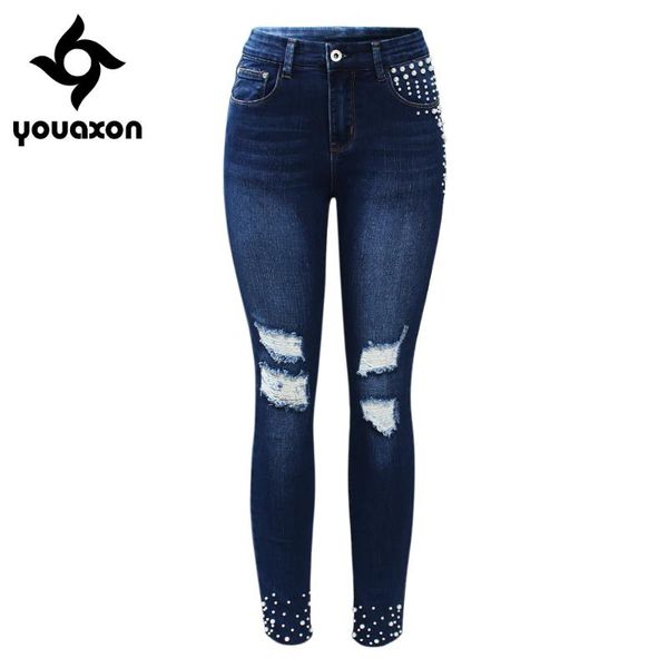 

2177 youaxon brand new vintage pearl studded jeans women`s mid high waist stretch ripped denim skinny pants jeans for women, Blue