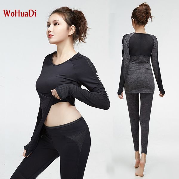 

wohuadi 2 piece women yoga set gym clothing fitness leggings+long sleeve shirts sport suit women tracksuit active wear keep warm