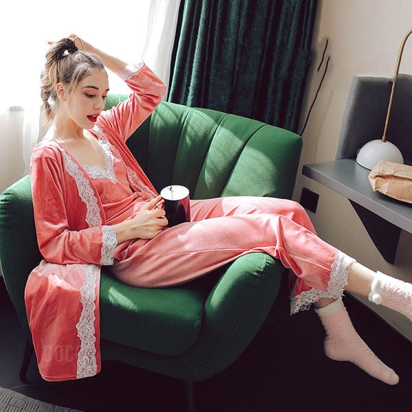 

women pajama sets 3 pieces lace pajamas long sleeve long pants with camisole sleepwear home clothes warm cozy casual, Blue;gray