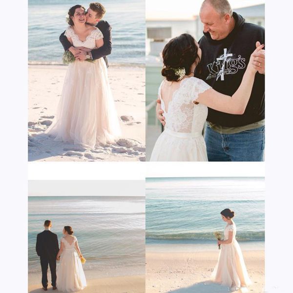 

2019 Beach Wedding Dresses Geogerous A Line Bridal Gowns Capped Sleeves Lace Appliques Sweep Train Plus Size Customized Vestido De Noiva