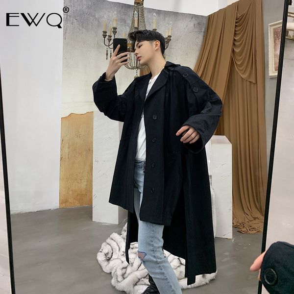 

ewq 2019 new arrival men patchwork long sleeve mid-length windbreaker jacket spring autumn loose belt slim coat for male hd610, Tan;black