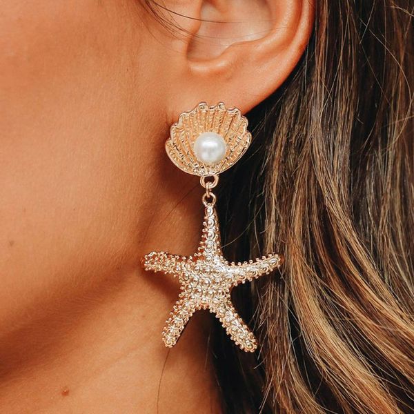 

women bohemian style gold starfish earrings gold shell pearl drop earrings for women fashion jewelry, Silver