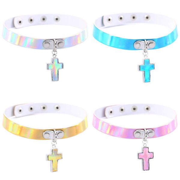 

2019 new harajuku colorful leather torques choker geometric cross pendant short necklace for women fashion simple punk necklaces, Silver