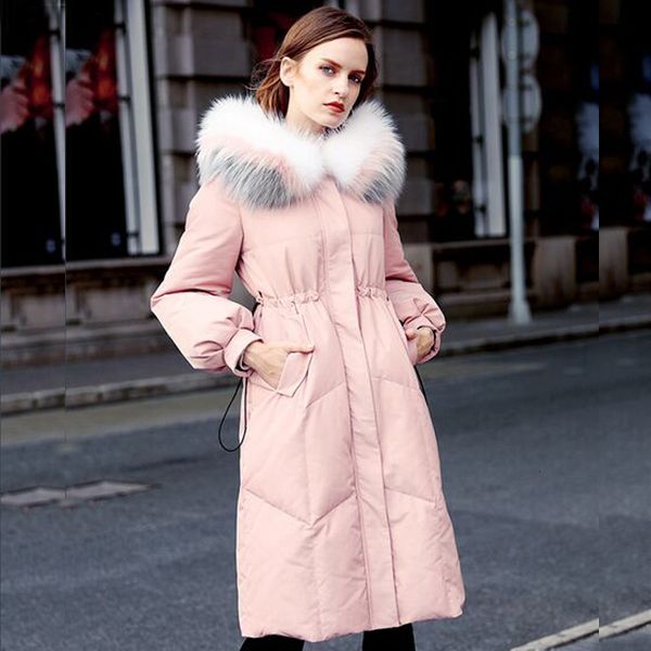 

new fashion women winter jacket real natural raccoon fur long parka white duck down jacket thick warm coat female overcoat, Black