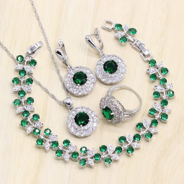 

green stones white zircon women silver 925 jewelry sets earrings/pendant/necklace/rings/bracelets for bridal set box