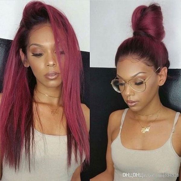 

long silky straight brazilian 13x6 deep part lace front wig remy hair ombre burgundy with baby hair prepluck, Black