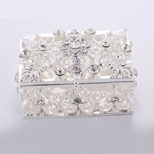 

small silver plated crystal rhinestone hollow jewelry trinket storage box