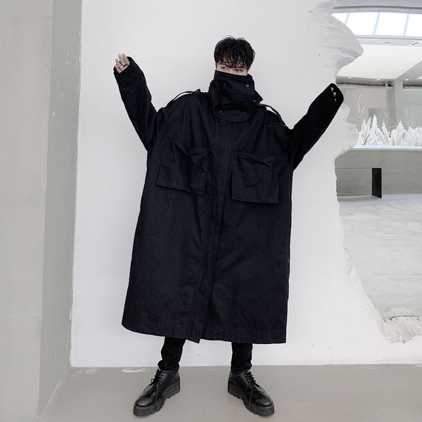 

men oversize detachable collar loose casual long jacket male women japan streetwear trench coat overcoat windbreaker outerwear, Tan;black