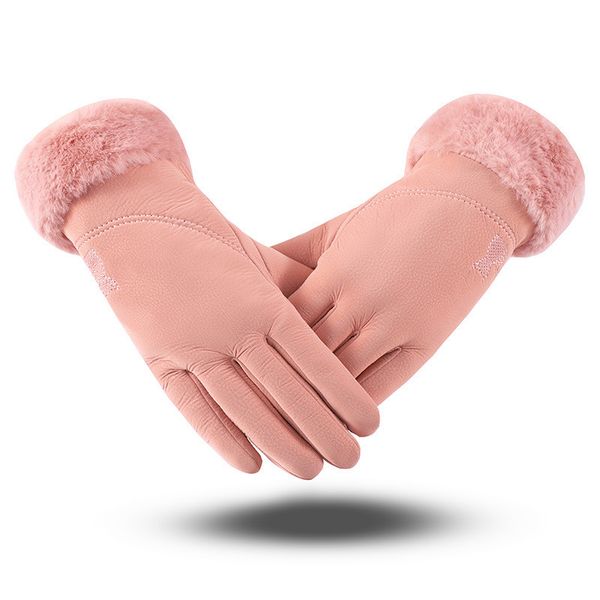 

elegant soft winter female wool gloves warm pu leather warm thicken plush inside winter finger gloves wrist women driving mitten, Blue;gray