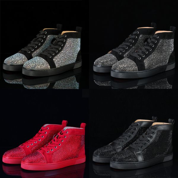 

designs men fashion shoes red bottom sneaker luxury party wedding shoes genuine leather louisfalt spikes lace-up casual shoes black