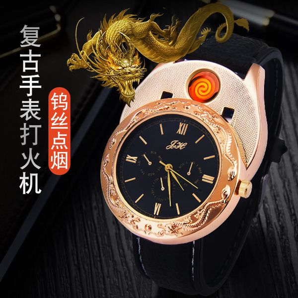 

usb charging lighter watch dragon date clock flameless windproof cigarette lighters rechargeable electronic men watches, Slivery;brown