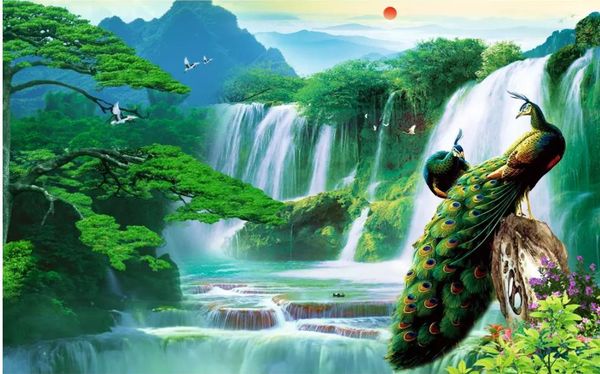 

3d wallpaper custom mural peacock peacock flowing water living room background wall