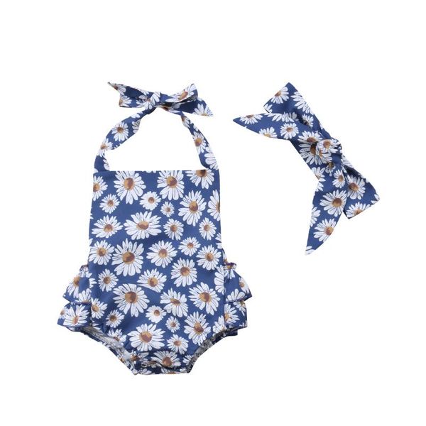 

emmababy newborn baby girl clothes cute girl daisy clothing flower sleeveless backless romper + headband 2 pcs outfits new, Blue