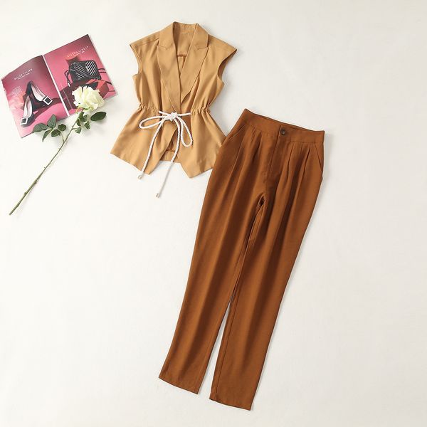 

new styles for women's clothing in the summer of 2019 sleeveless lace-up waistcoat pure color pants fashion suits, White