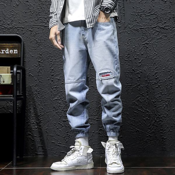 

trendy elastic trousers feet pencil pants loose plus size jeans men psmj54, Blue