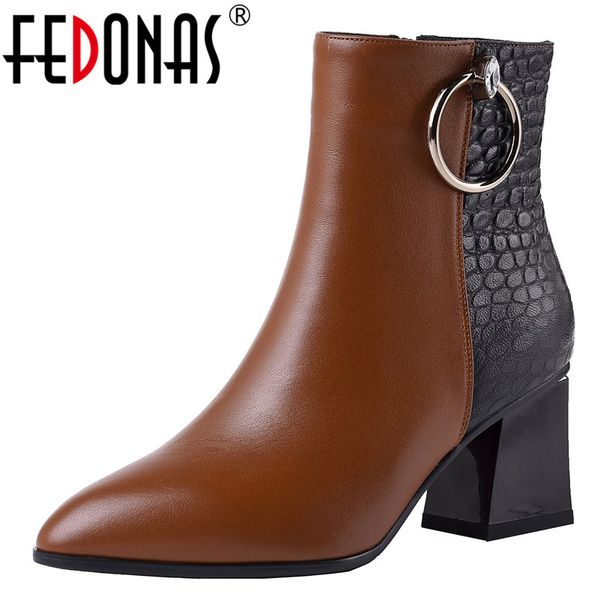 

fedonas winter quality patchwork genuine leather women warm ankle boots fashion high heels female new party office shoes woman, Black