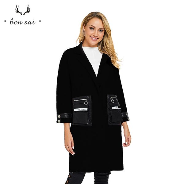 

new autumn winter coat women pocket zipper casual wool solid elegalent female elegant joker long coat ladies, Black