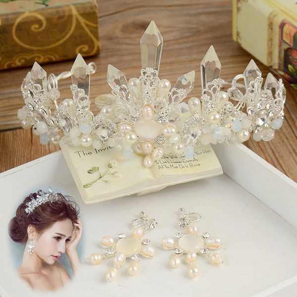 

high-end pearl special beads bride crown headdress column crystal wedding bridal hair jewelry crown women, Golden;white