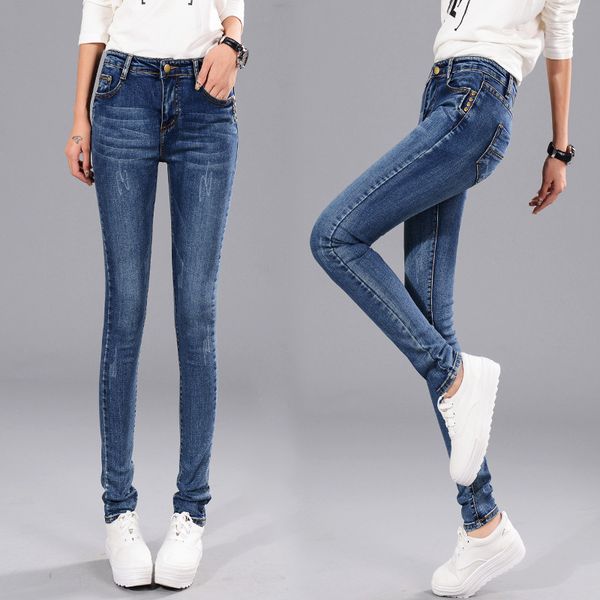 

women's jeans autumn women full length pants skinny casual mid waist dark blue cotton pencil fashionable girls outwears