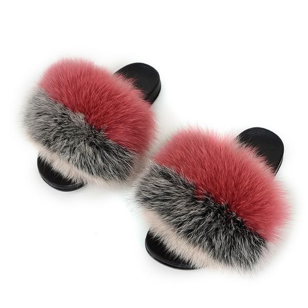 

fashion women fur slippers fluffy real fox fur slides mixed colors sandals with fur female rubber indoor slippers luxury shoes, Black