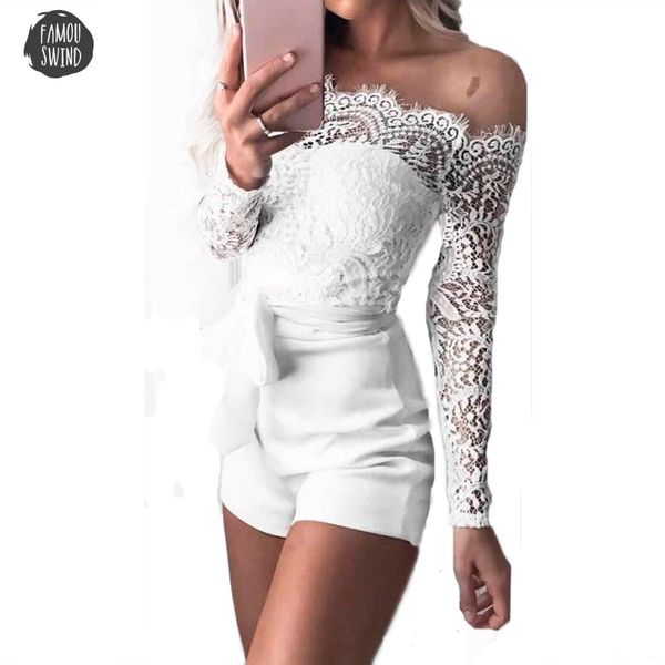 

women ladies summer autumn off shoulder playsuits fashion long sleeve sheer lace hollow bandage patchwork skinny playsuits, Black;white