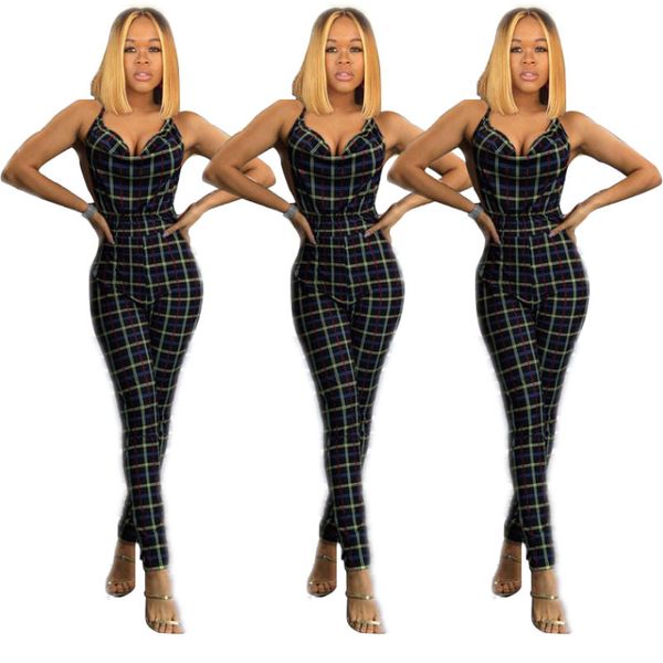 

V Neck Backless Strappy Jumpsuit Plaid Lace Up Long Siamese Trousers Navy Blue Women Clothes