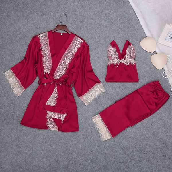 

ladies silk satin pajama set lace pijama set 3 pieces v-neck pyjama autumn spring sleepwear fashion home wear women, Black;red