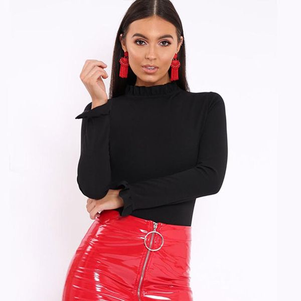 

cotton turtleneck solid bodysuits women autumn long sleeve playsuits black bodycon female solid style, Black;white