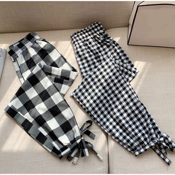

women korean chiffon plaid lantern cropped pants lace up elastic waist female trousers summer casual sweet fashion lady bottoms, Black;white