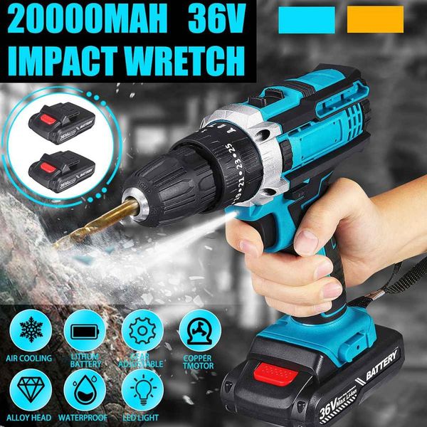 

25 torque electric drill 36v drilling tool power-drills screwdriver rechargeable cordless drill 20000mah with 2 li-ion batte