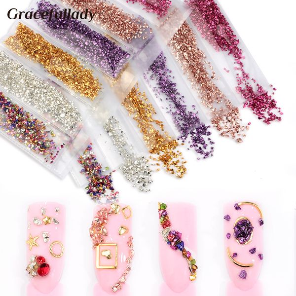 

6 colors/pack nail design shard sandstone broken colored rock gems mix sizes stones for nails art 3d decorations accessoires, Silver;gold